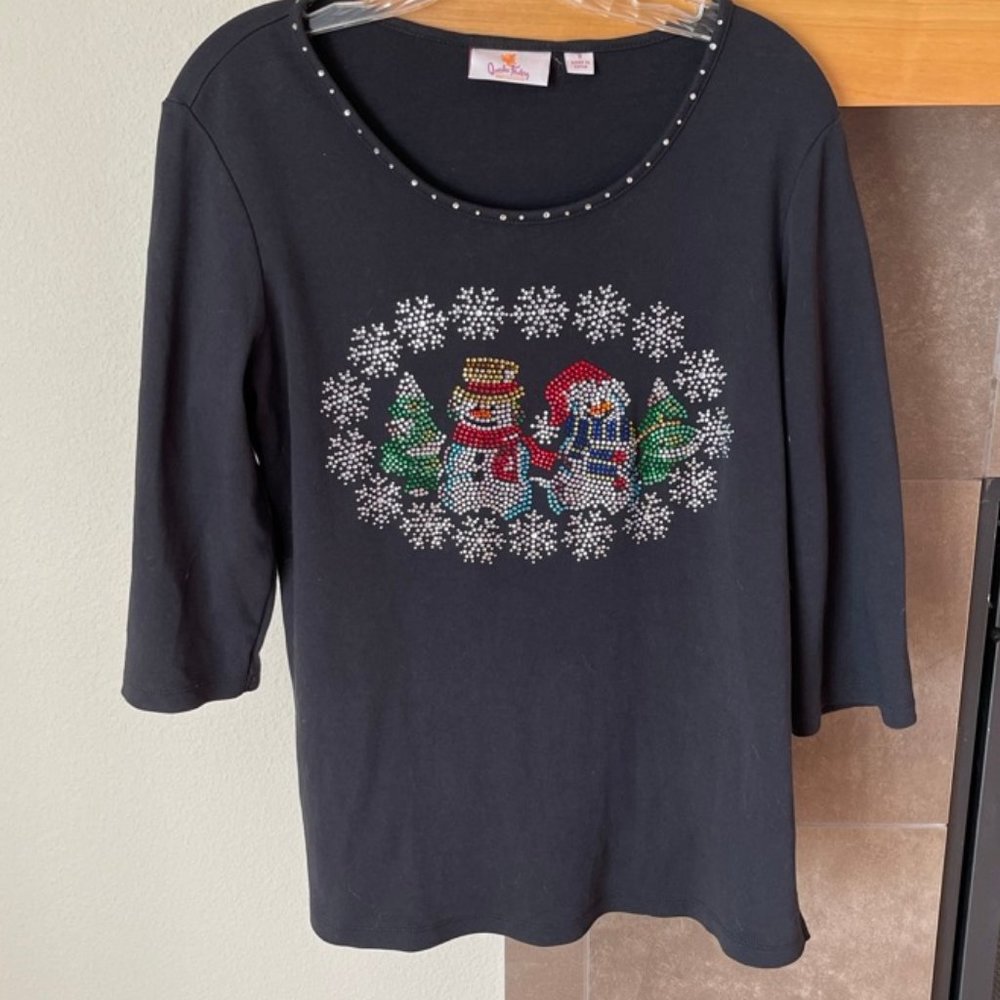 QUACKER FACTORY Black Women's T-shirt Snowmen Size Small